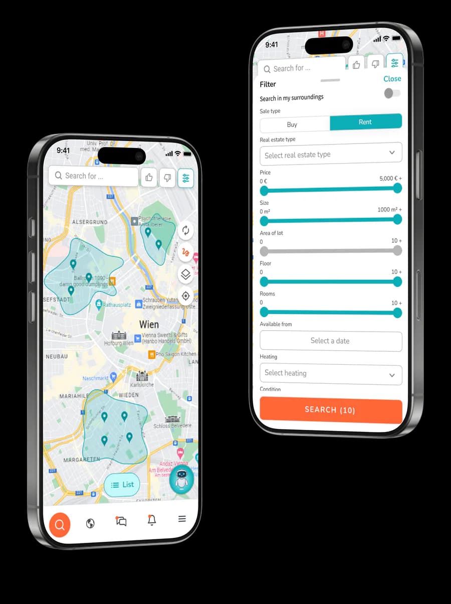 PropTrek mobile app on two phones: map search with hand-drawn search areas over Vienna, and the filter sheet for rent, price, size, floor and rooms.