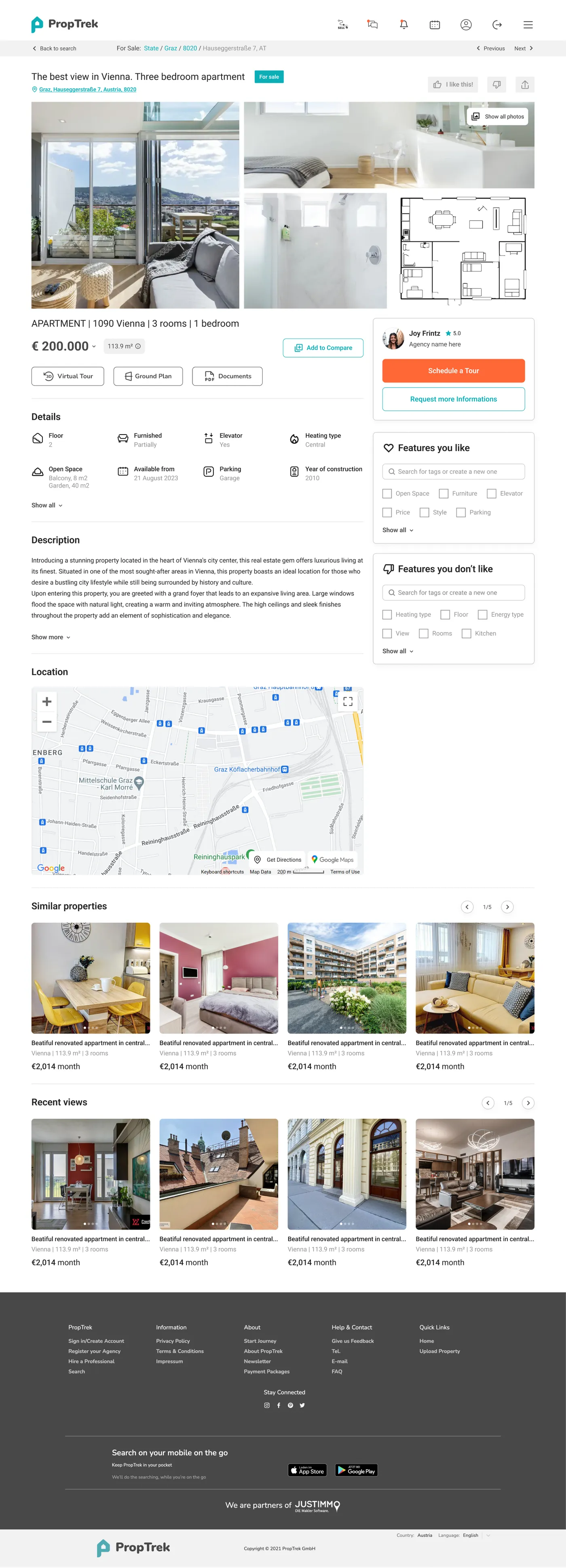 PropTrek desktop property ad: photo gallery, floorplan, price, details, features you like, description, location and similar properties.