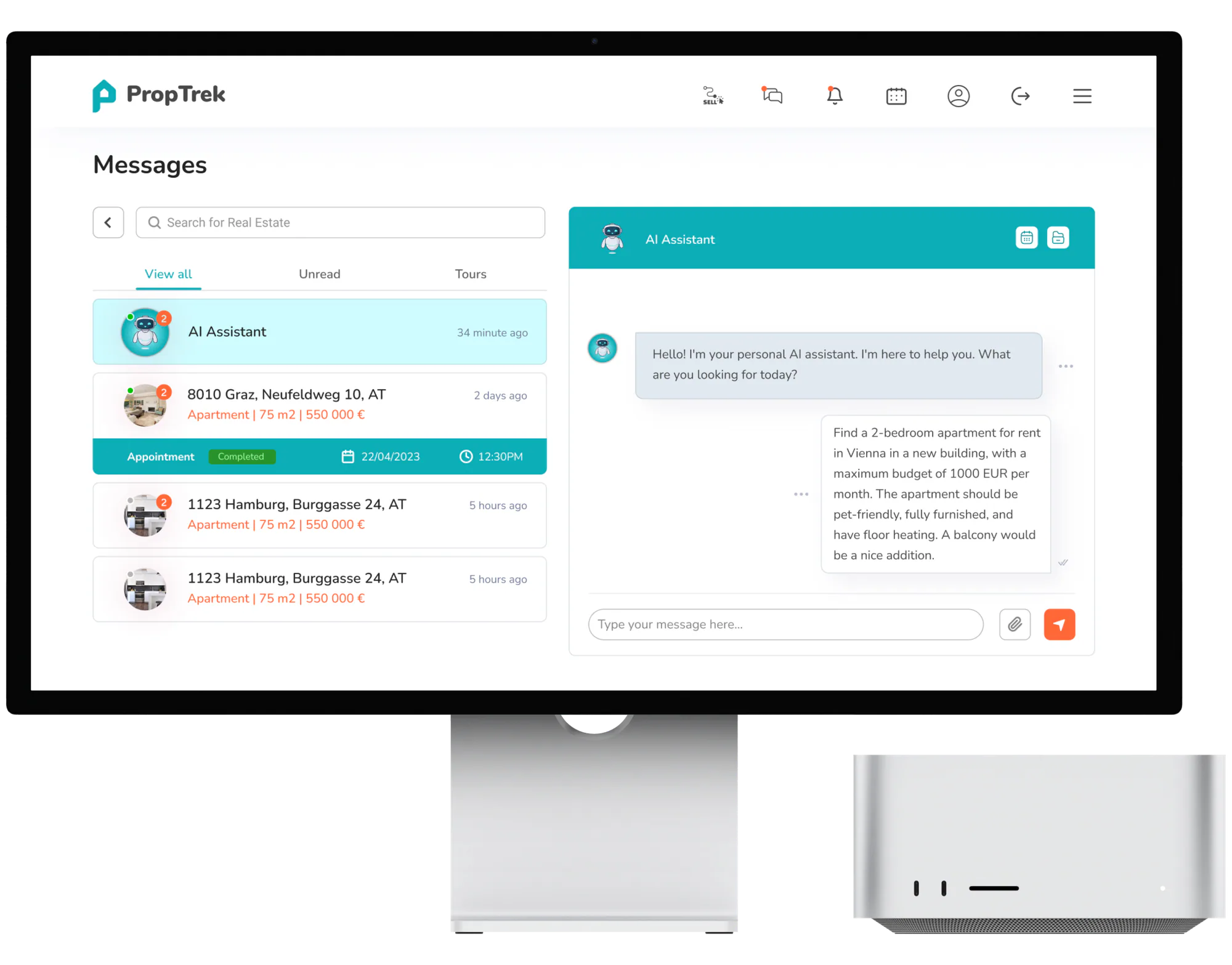 PropTrek messages on a desktop display: conversations grouped by property with appointment status, and the AI assistant asked for a 2-bedroom apartment in Vienna.