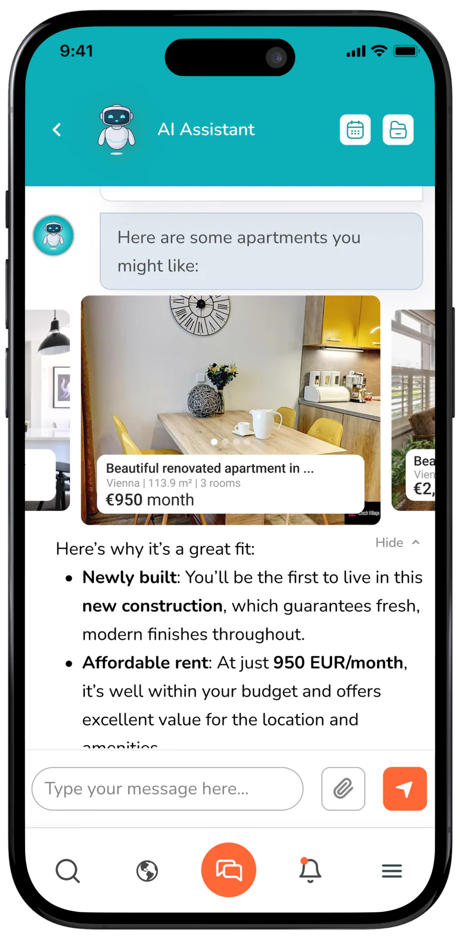 PropTrek mobile chat: the AI assistant suggests apartments in Vienna and explains why each one fits.