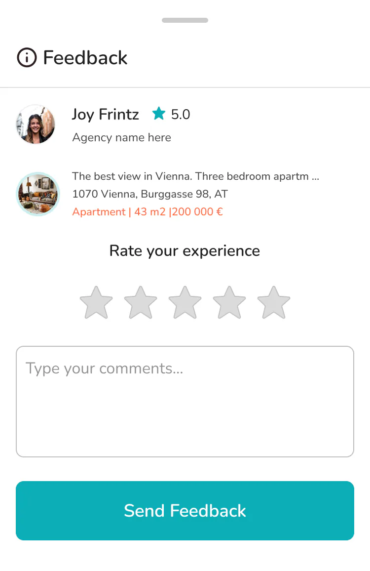 After the viewing: a feedback sheet to rate the experience with the agent from one to five stars and leave a comment.