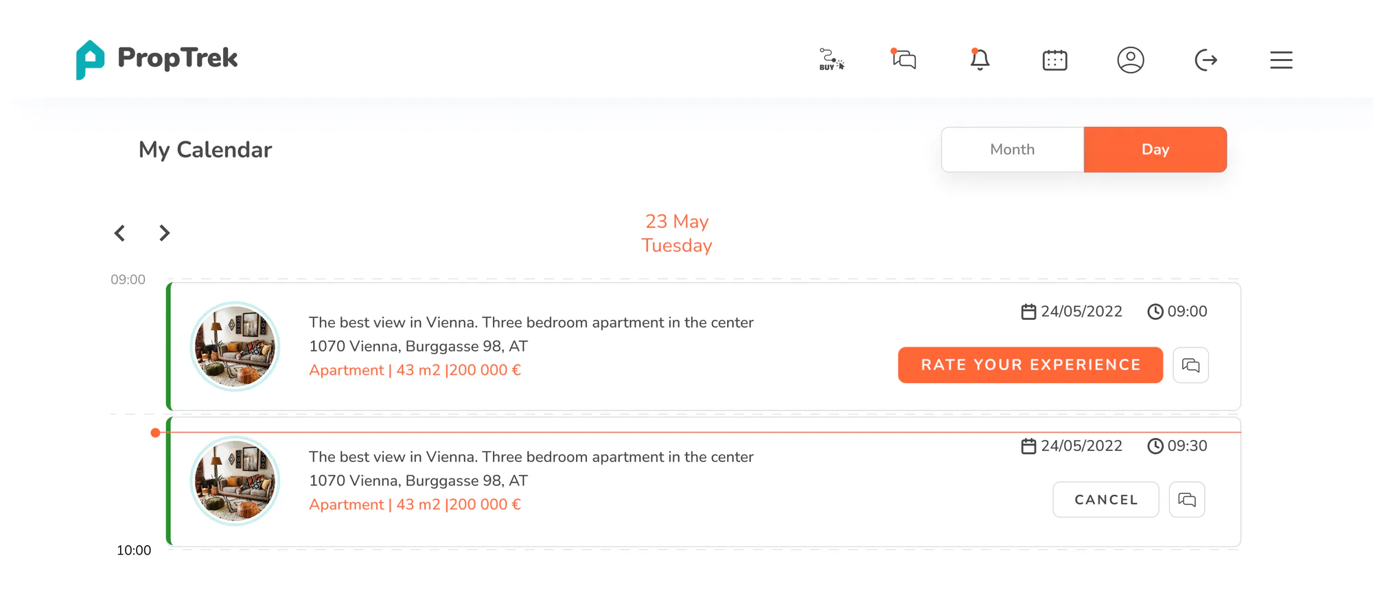 PropTrek agent calendar, day view: a past viewing to rate and an upcoming one, with the current time marked.
