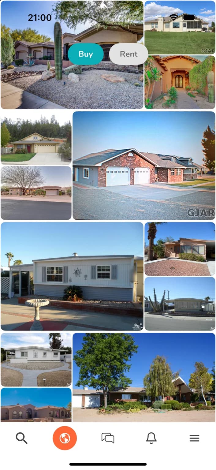 PropTrek iOS app: discovery mosaic of recommended properties.